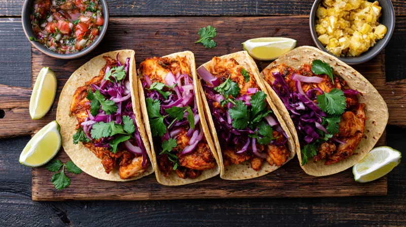 Four soft corn tortilla tacos filled with shredded spiced chicken and topped with red cabbage, cilantro, and lime on a wooden cutting board