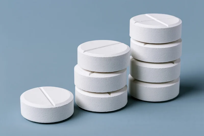 White scored tablets stacked in descending order on a blue surface