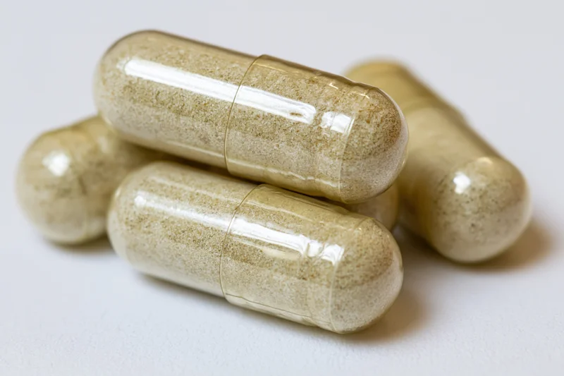 Translucent gelatin supplement capsules filled with fine powder stacked on white surface