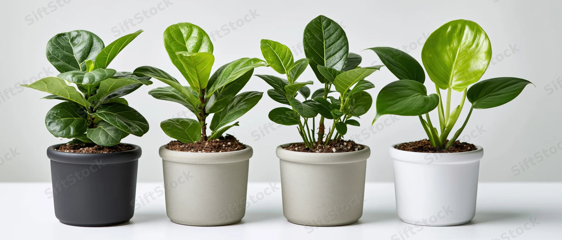 Four tropical houseplants in ceramic pots arranged in a row on a white surface