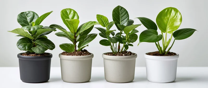 Four tropical houseplants in ceramic pots arranged in a row on a white surface