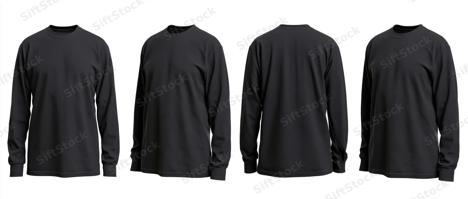 Four views of a plain black long-sleeve crew-neck t-shirt on white background