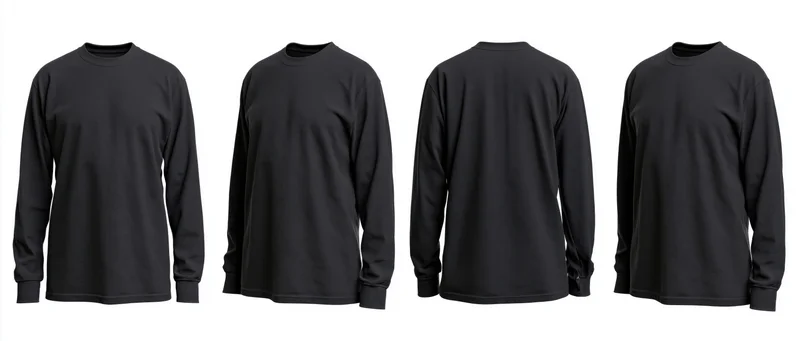 Four views of a plain black long-sleeve crew-neck t-shirt on white background