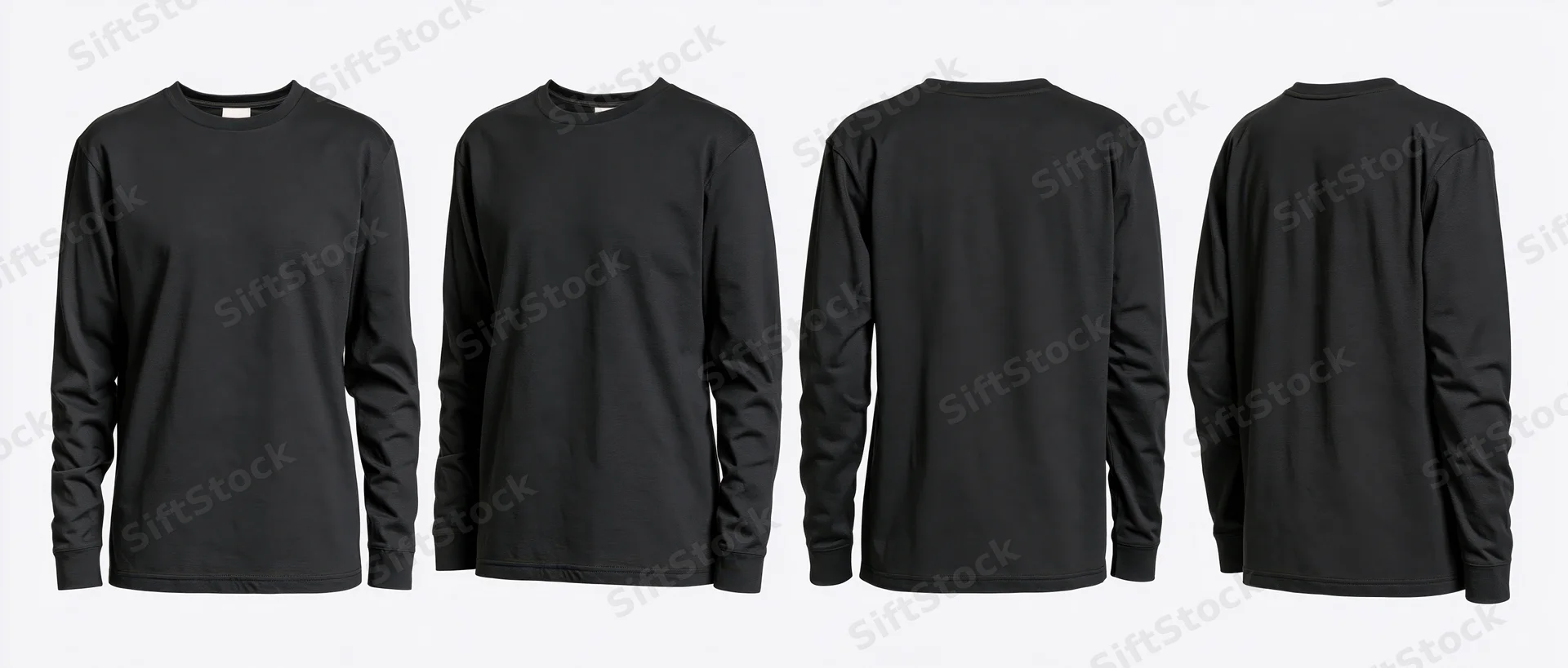 Four views of a plain black longsleeve crewneck tshirt on white background