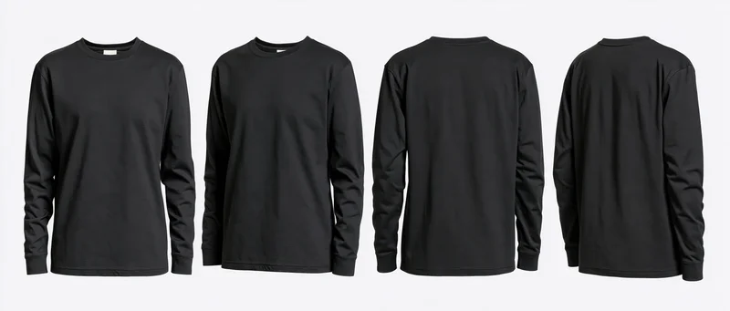 Four views of a plain black longsleeve crewneck tshirt on white background