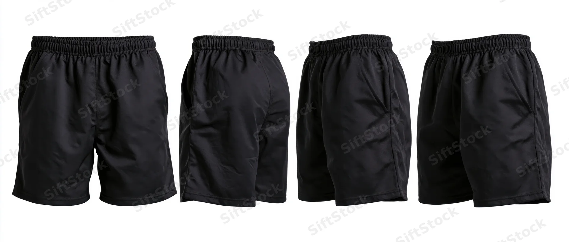 Four flat views of black athletic shorts displayed against white background