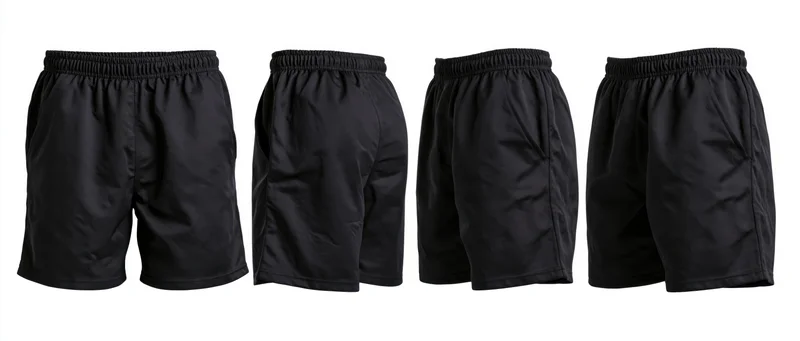 Four flat views of black athletic shorts displayed against white background