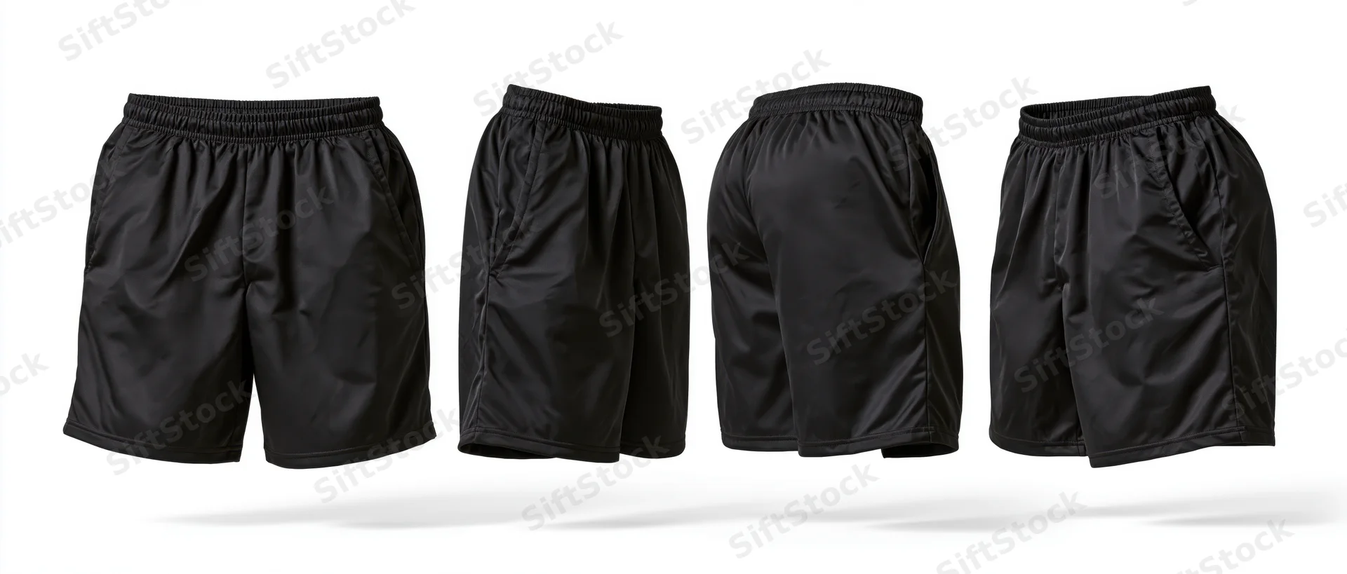 Four views of black athletic shorts displayed flat against a white background