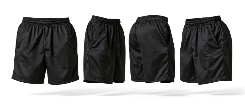 Four views of black athletic shorts displayed flat against a white background
