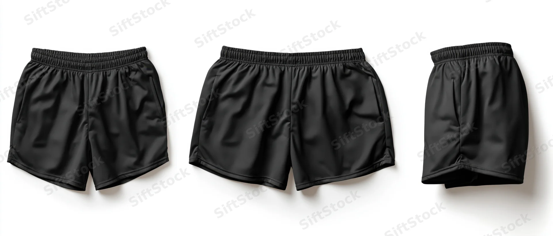 Three black athletic shorts displayed flat on white background in different angles