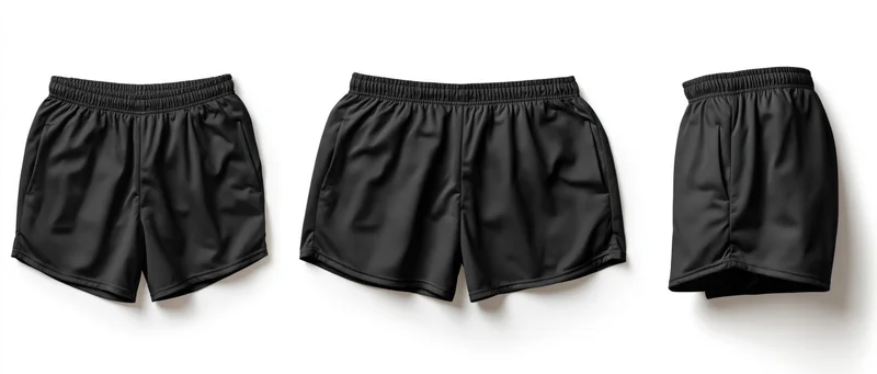 Three black athletic shorts displayed flat on white background in different angles