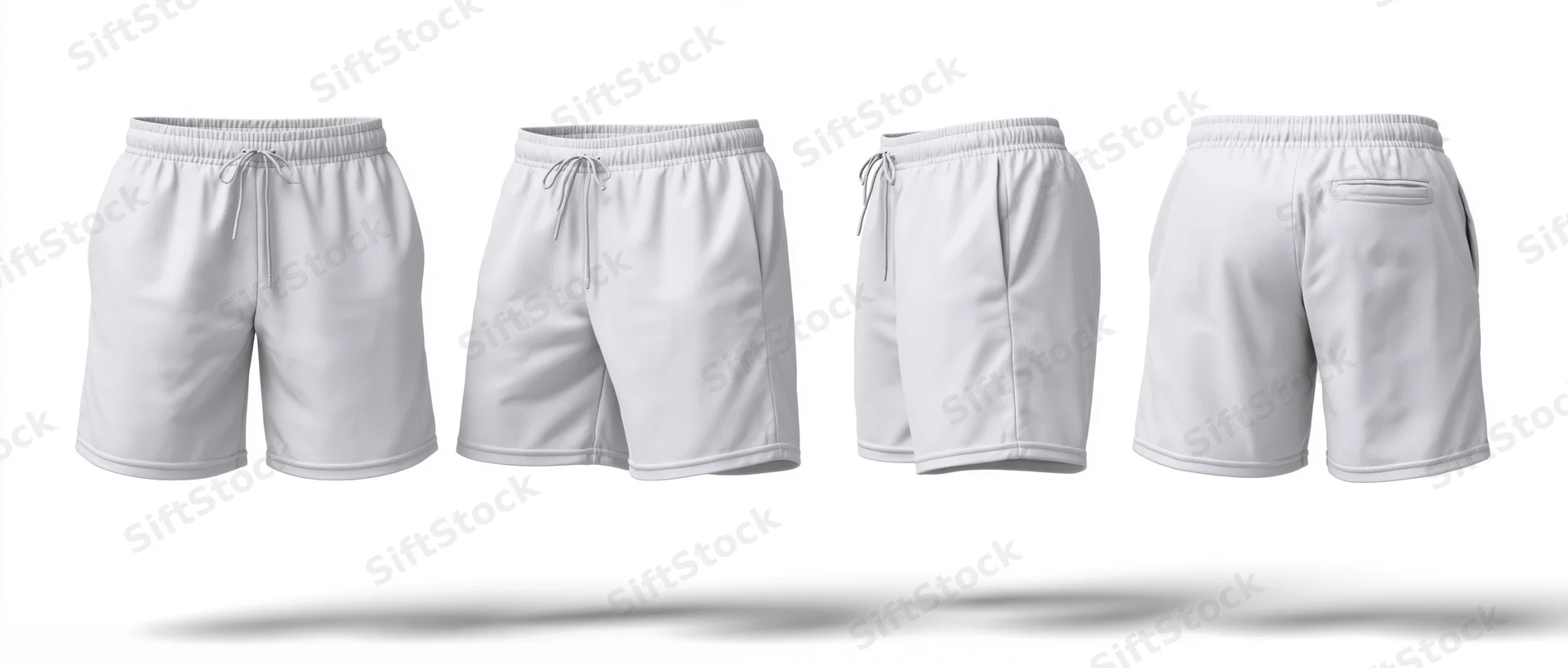 Four white athletic shorts shown from front, side and back views on ghost mannequin isolated on white