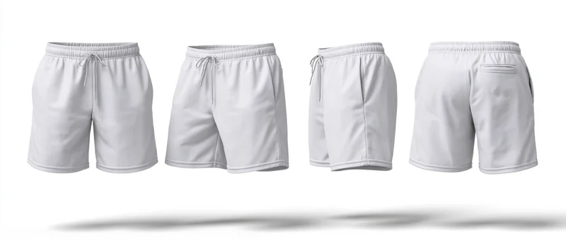 Four white athletic shorts shown from front, side and back views on ghost mannequin isolated on white