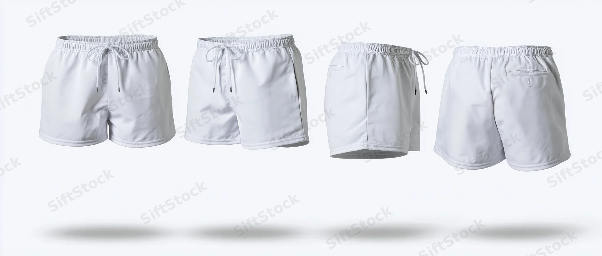 Four white athletic shorts shown from front, side and back views on plain white background
