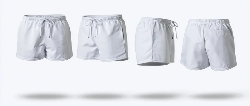 Four white athletic shorts shown from front, side and back views on plain white background