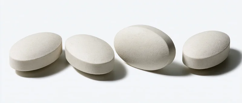 Four white oval pharmaceutical tablets arranged horizontally on a plain white surface