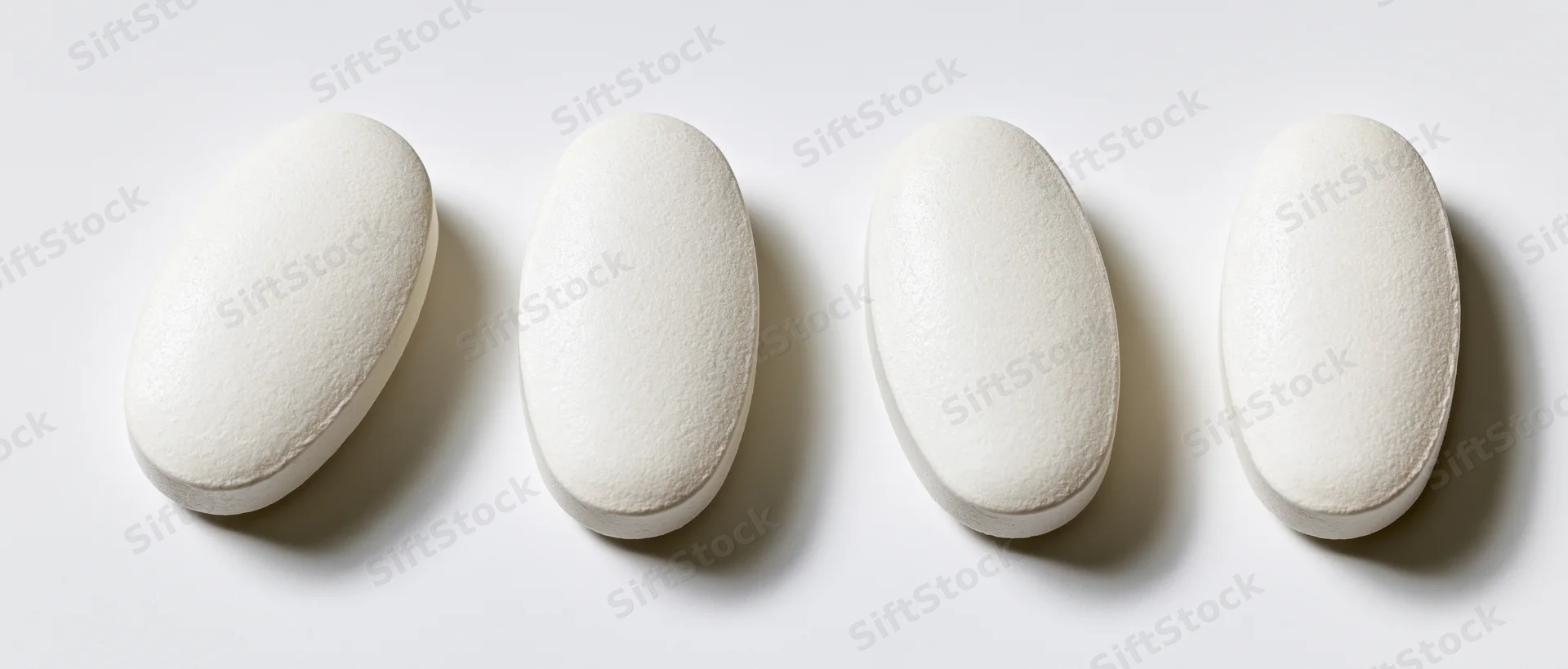 Four white oval pharmaceutical tablets arranged in a horizontal row on a plain white surface