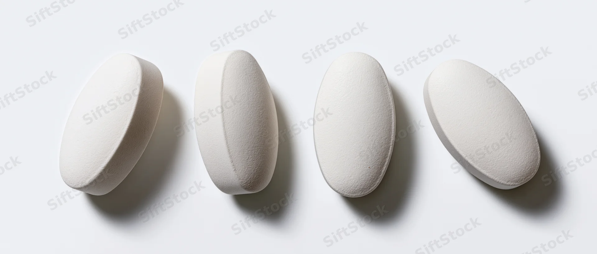 Four white oval pharmaceutical tablets arranged horizontally on a plain white surface
