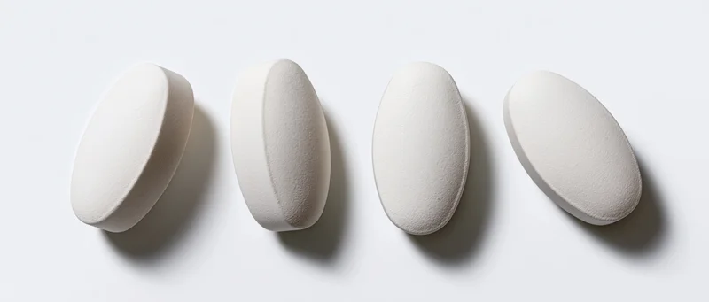 Four white oval pharmaceutical tablets arranged horizontally on a plain white surface