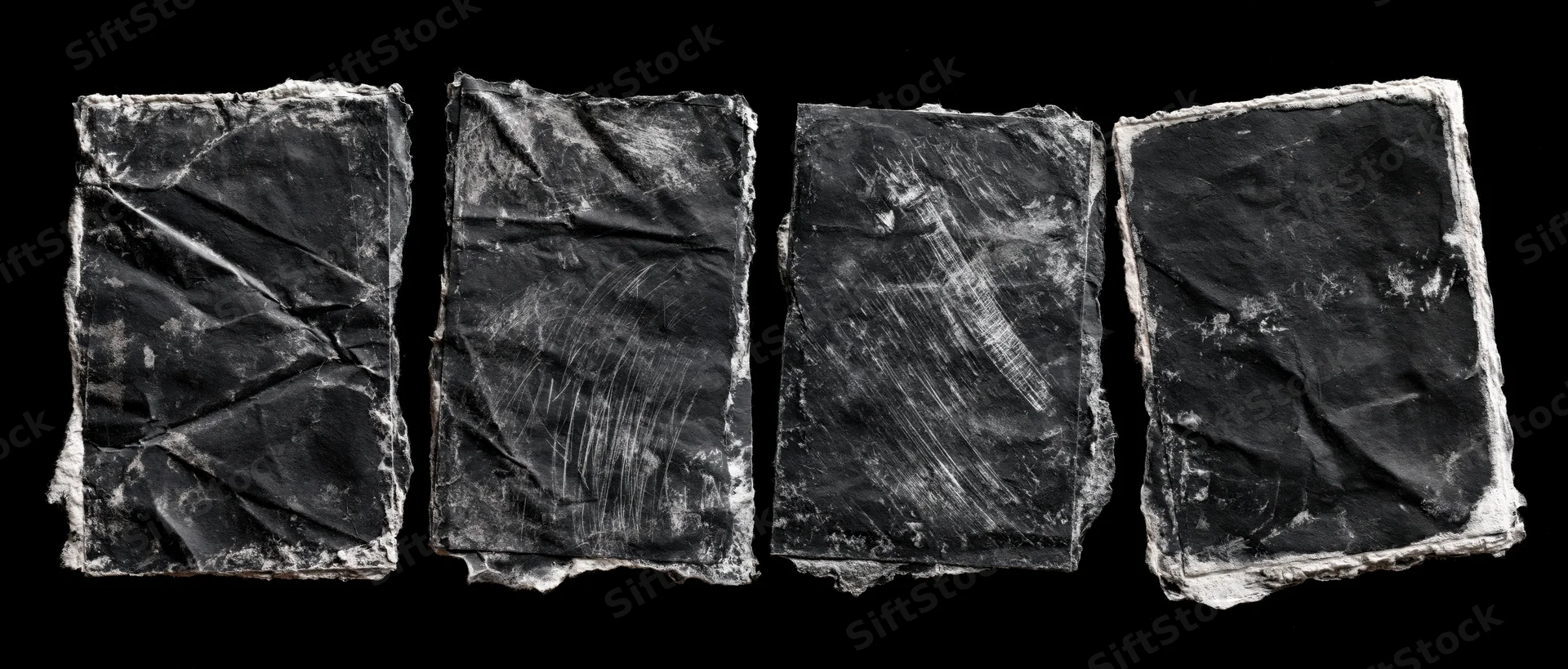 Four worn black paper rectangles arranged side by side on black background