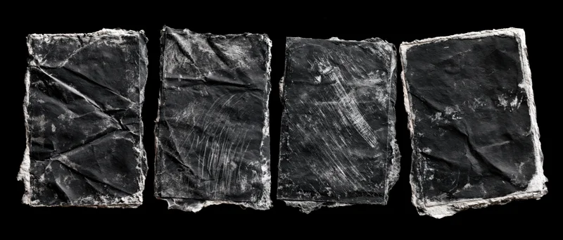 Four worn black paper rectangles arranged side by side on black background
