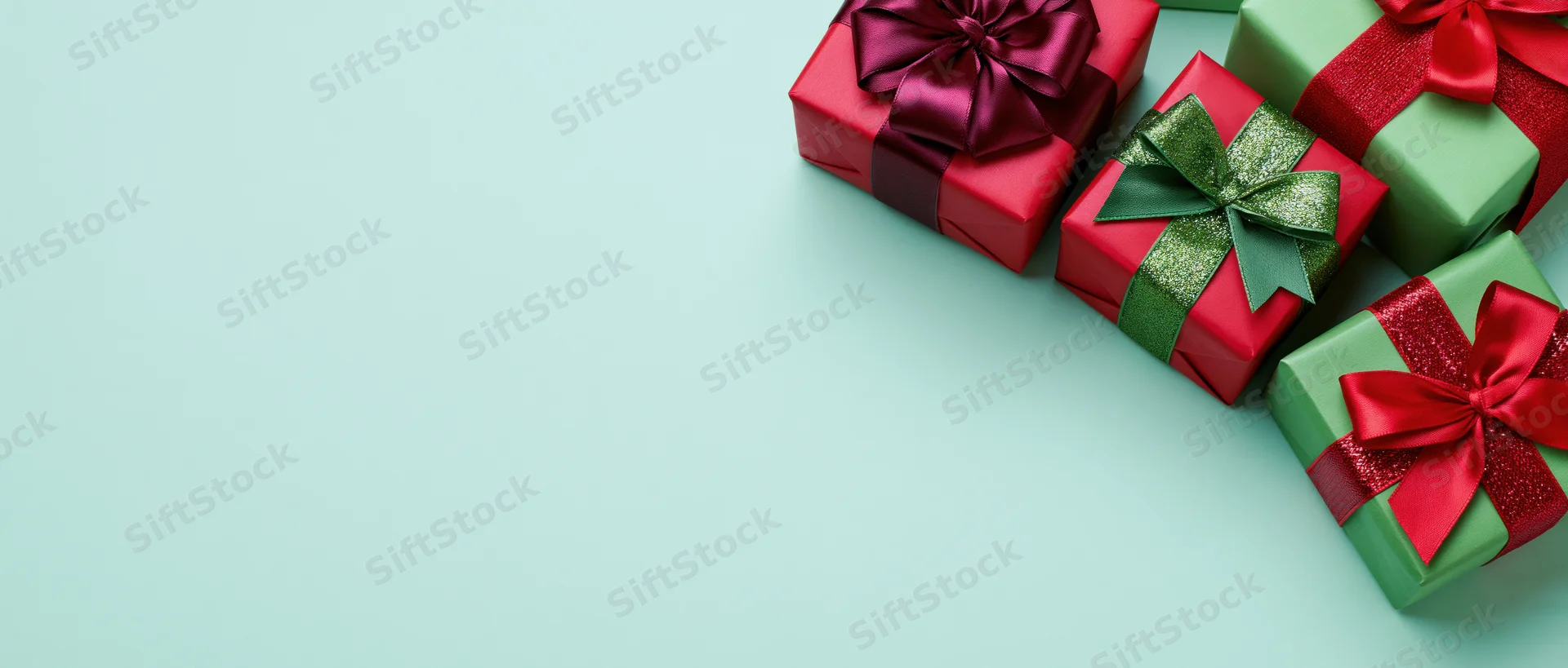 Red and green gift boxes with satin ribbons arranged on a light blue surface