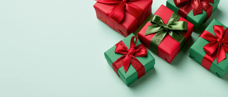 Red and green gift boxes with satin ribbons arranged on a light blue surface