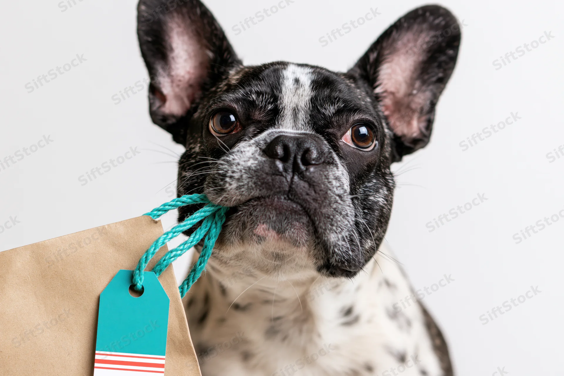 Frenchbulldog holding kraft paper shopping bag by teal rope handle in studio setting