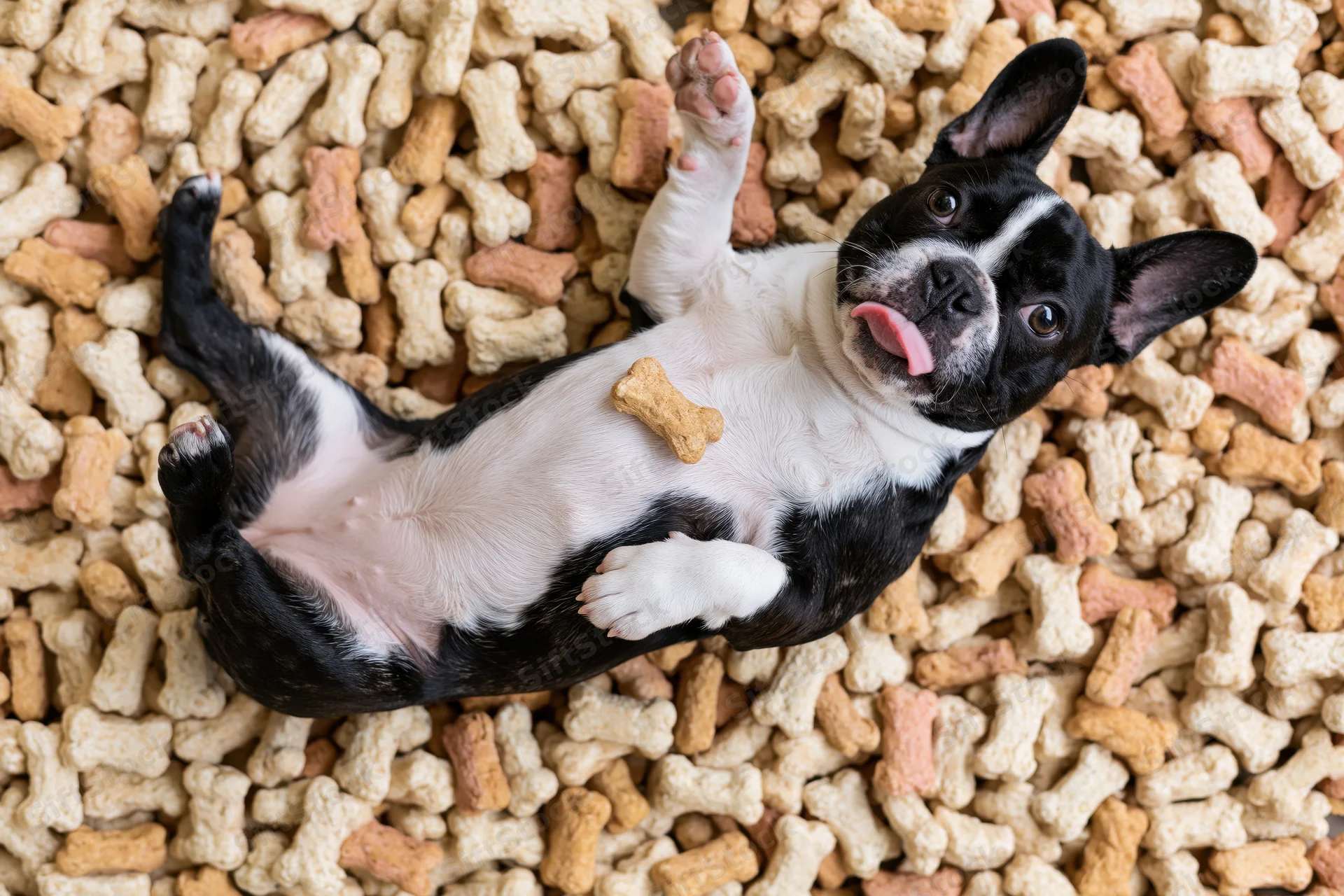 Frenchbulldog lying on its back surrounded by a pile of bone-shaped dog kibble