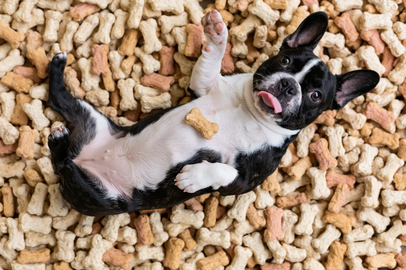 Frenchbulldog lying on its back surrounded by a pile of bone-shaped dog kibble