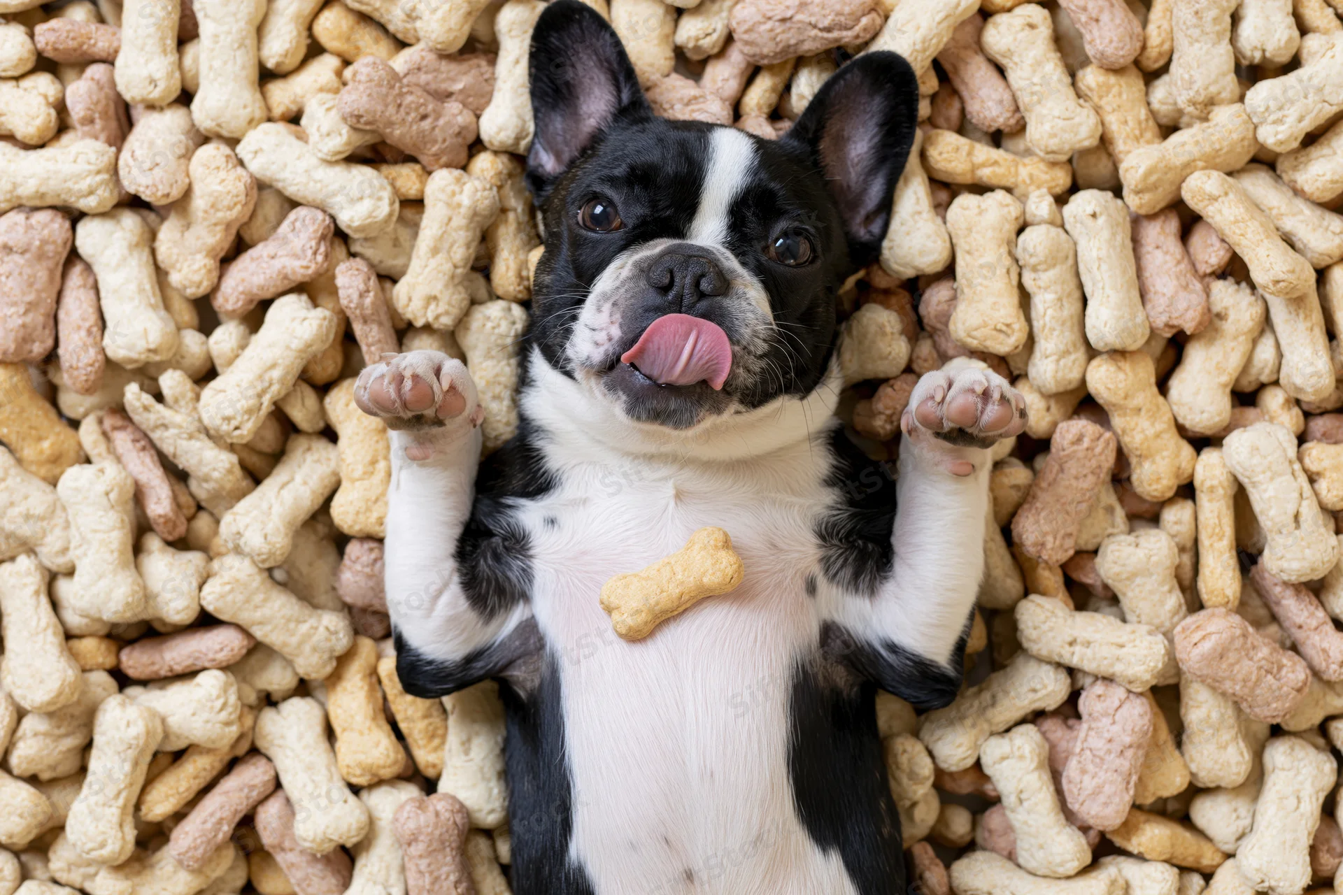 Frenchbulldog puppy lying on its back surrounded by a pile of bone-shaped dog treats