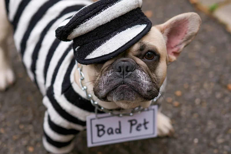 Frenchbulldog in black and white striped prisoner costume with hat and bad pet sign on collar