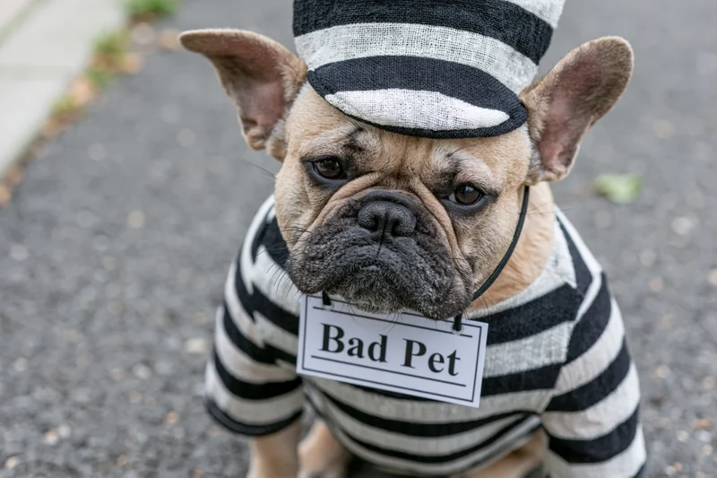 Frenchbulldog wearing striped prisoner costume with bad pet sign on asphalt