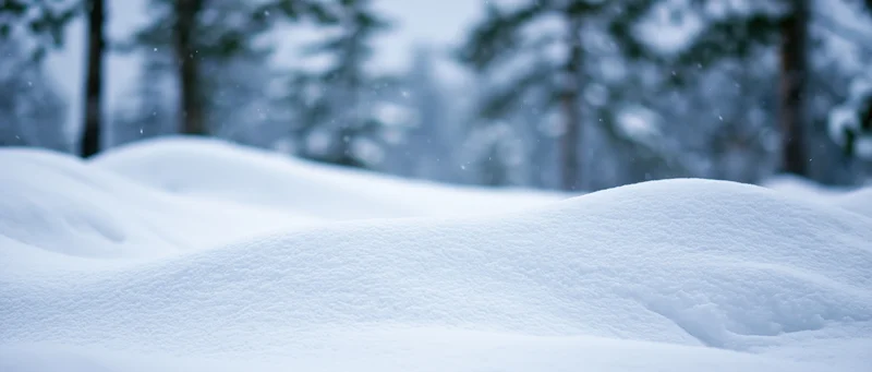 Snow drifts forming gentle rounded mounds in a forested winter landscape