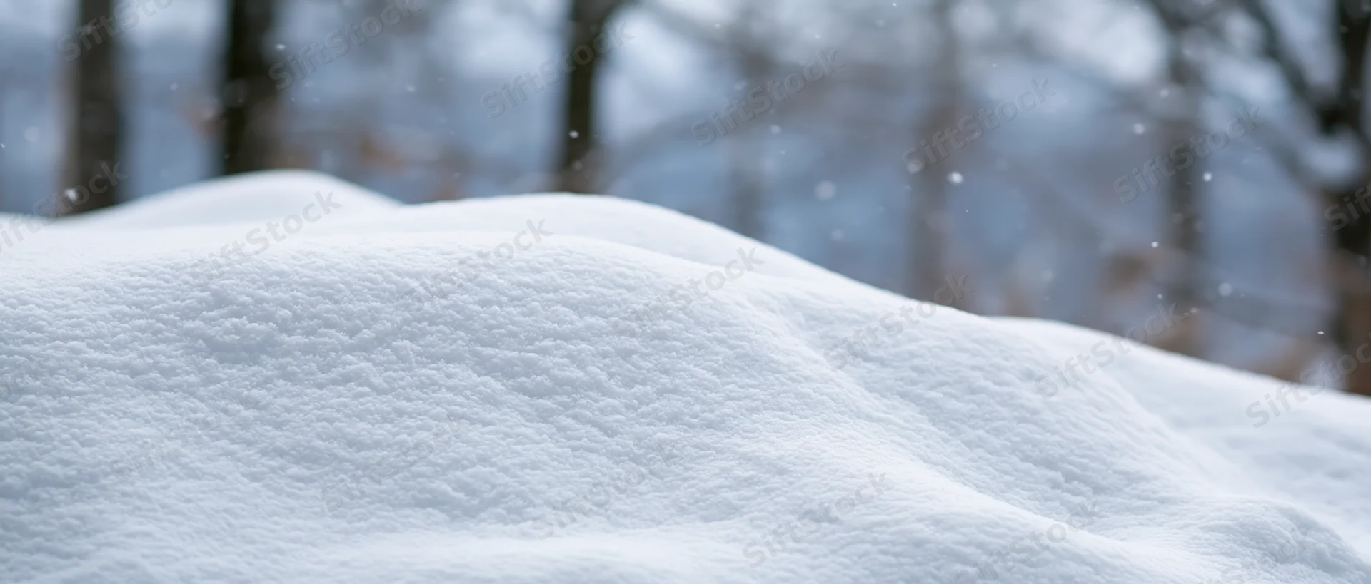 Snow drifts in a forest clearing with bare trees in the background