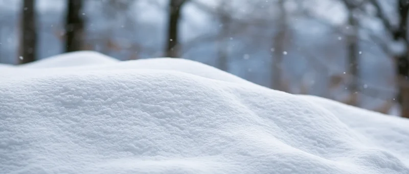 Snow drifts in a forest clearing with bare trees in the background