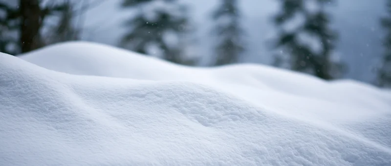 Snow drifts forming gentle mounds in a forested winter landscape
