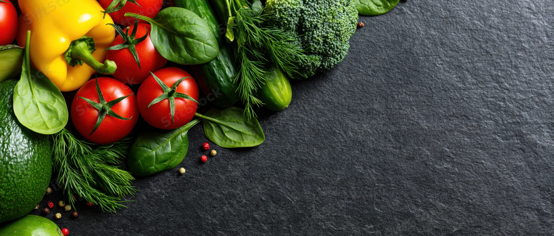 Fresh vegetables and herbs arranged in the upper-left corner on a dark slate surface