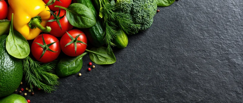 Fresh vegetables and herbs arranged in the upper-left corner on a dark slate surface