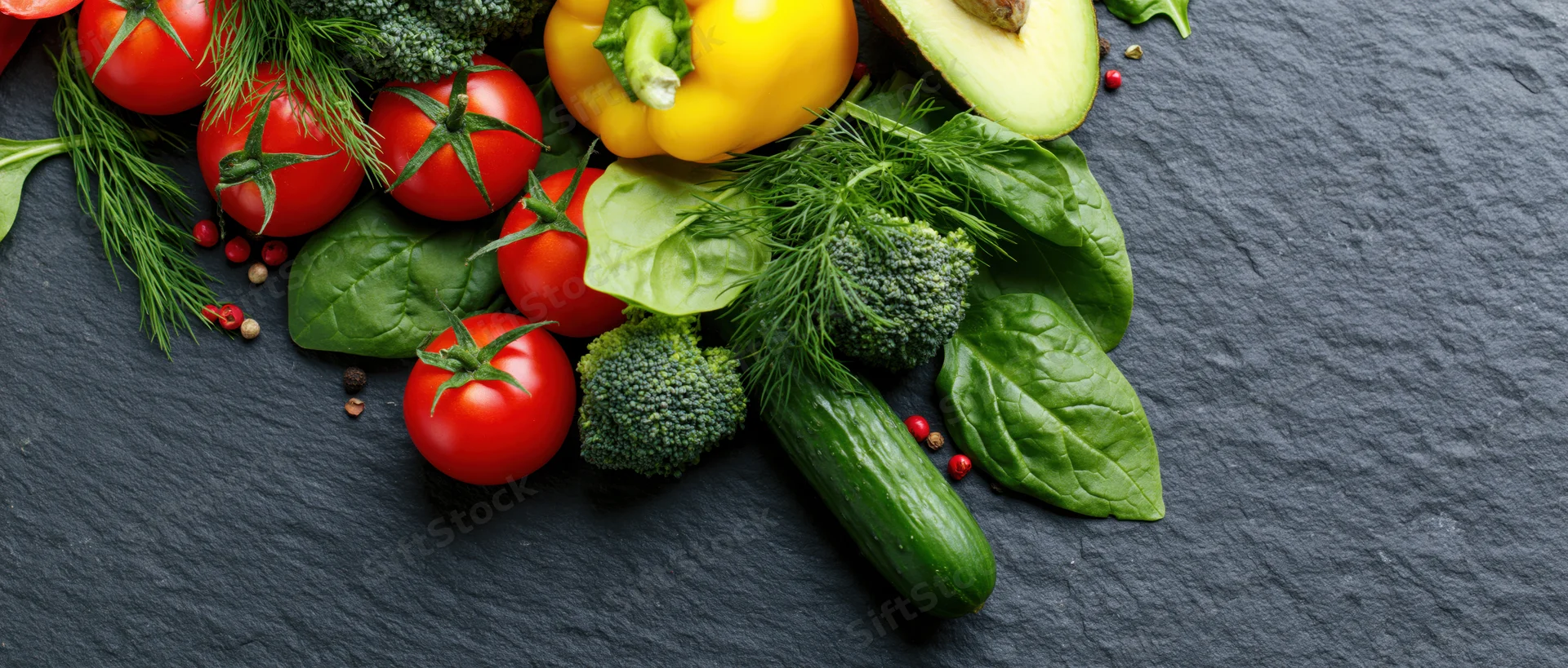 Fresh vegetables and herbs arranged in the upper-left corner on a dark slate surface