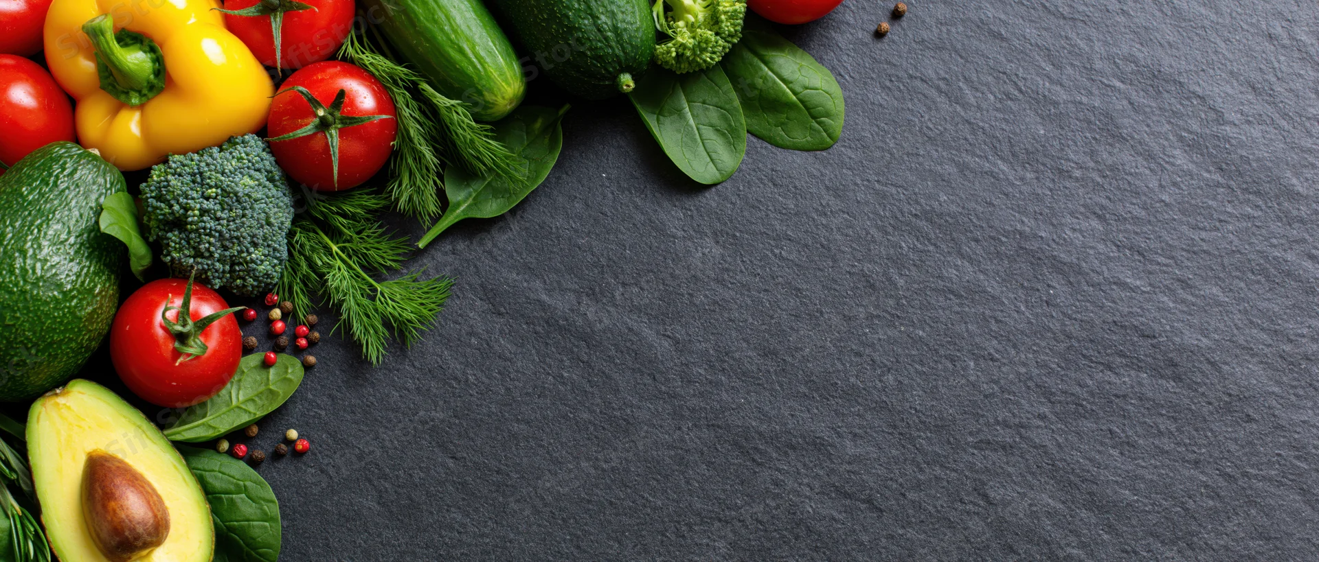 Fresh vegetables and herbs arranged in the upper-left corner on a dark slate surface