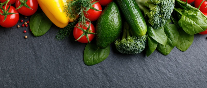 Fresh vegetables and herbs arranged in the upper-left corner on a dark slate surface