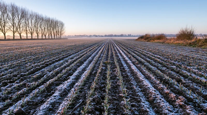 Frost-covered rows of young winter crops in an open agricultural field at sunrise