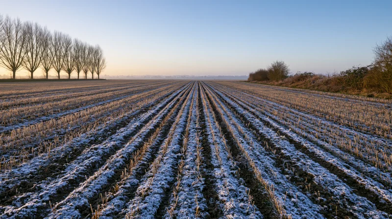 Frost-covered agricultural field with rows of young winter crop under morning sky
