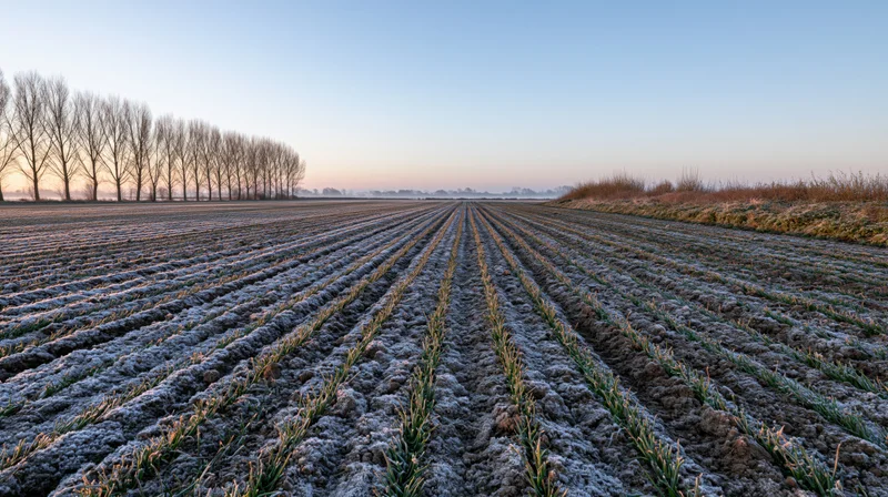 Frost-covered rows of young winter crops in an open agricultural field at sunrise