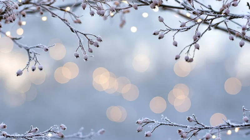 Frost-covered branches with frozen berries framed against soft glowing lights in winter evening outdoors