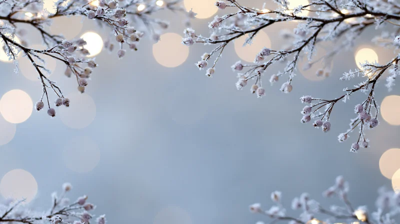 Frost-covered branches with frozen berries framing a soft bokeh background