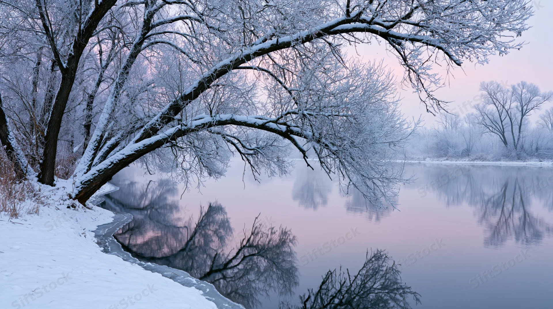 Frost-covered bare trees arching over a calm river in winter with pink sky reflection