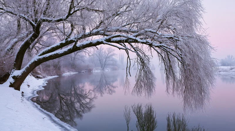 Snow-covered willow branches arching over a calm river at twilight