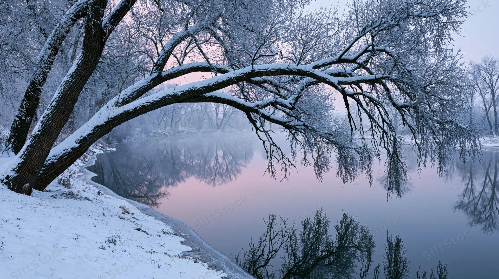Snow-covered trees arching over a calm river at twilight